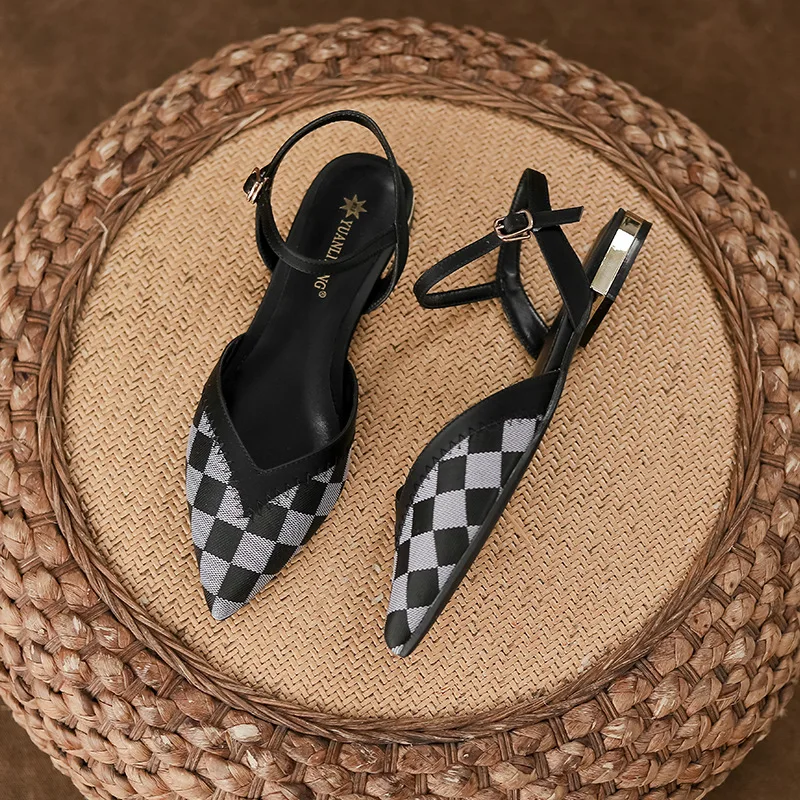Gorasion 2025 New Summer Women's Flip Flops Pointed Toe Genuine Sheepskin Shallow Single Toe Thick-heeled One-strap Flat Shoes