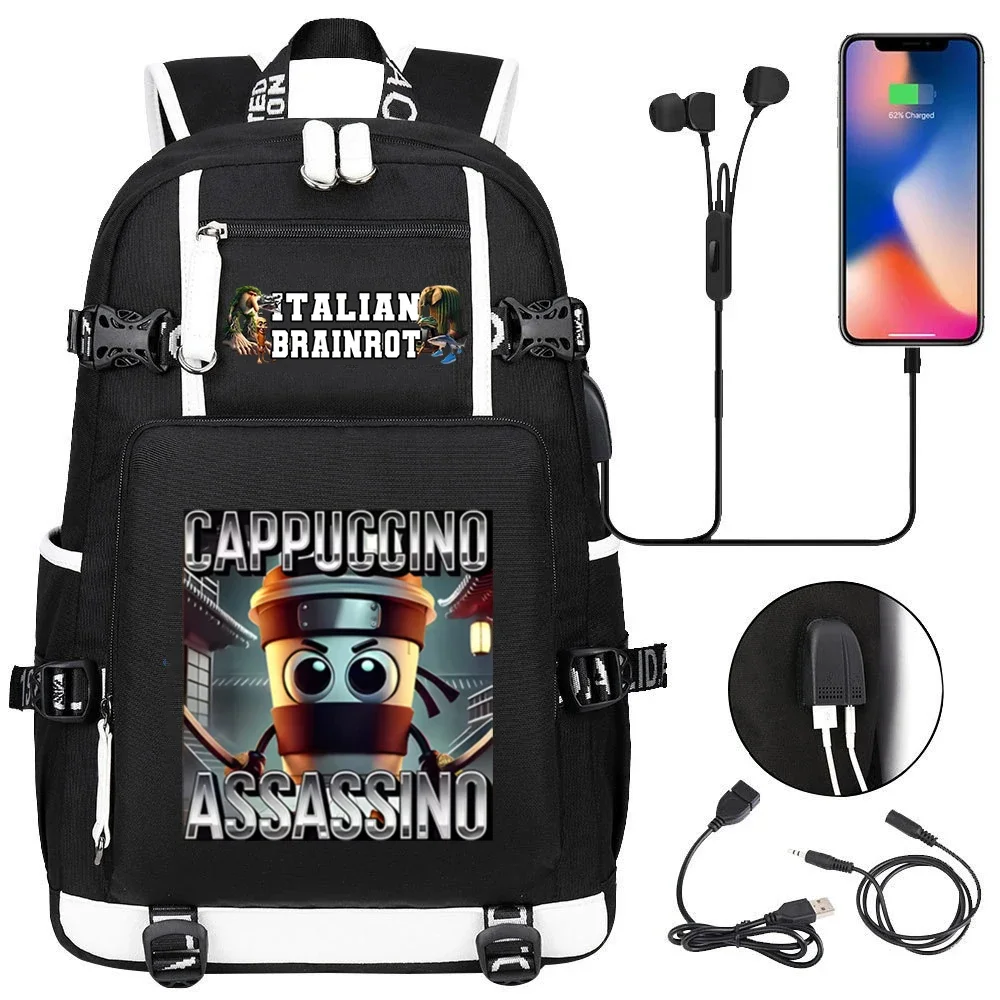 Cappuccino Assassino Backpack Teenage Boys Schoolbag Italian Brainrot Large Capacity Travel Backpack Usb Charge Outdoor Bagpack