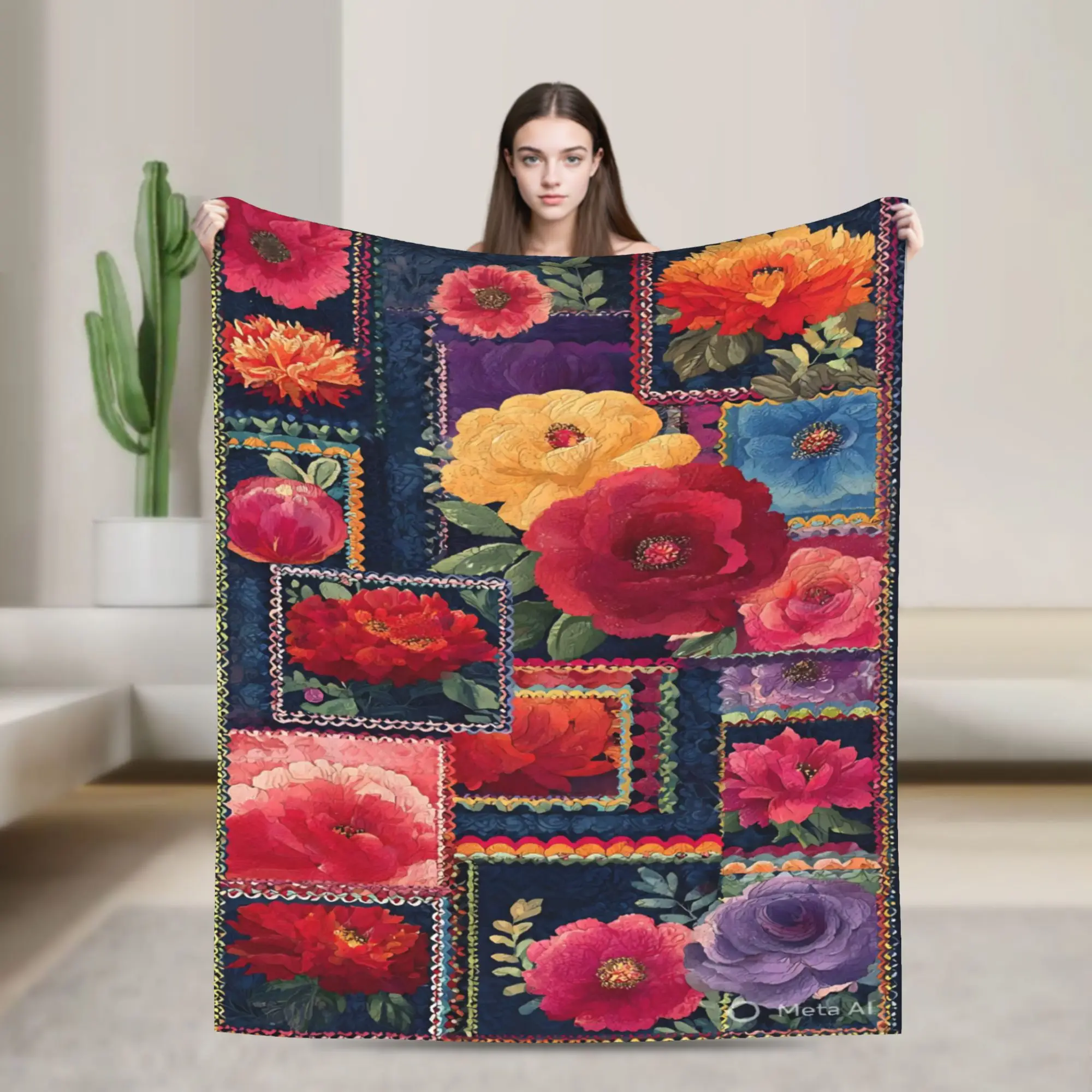 Floral Patchwork Blanket Multi-size Warm Cozy Fluffy  Throw Blankets for Couch Sofa and Bed