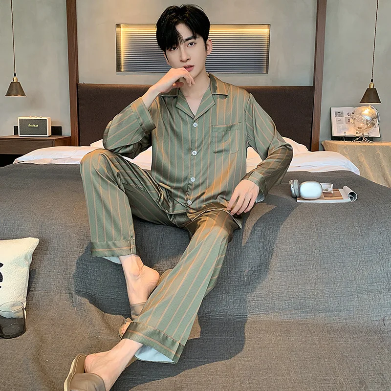 Sleepwear Pajamas for Men Long-Sleeved Set Pajama Man Big Size Loose Fit  Lightweight Spring Autumn Home Wear Sleeping