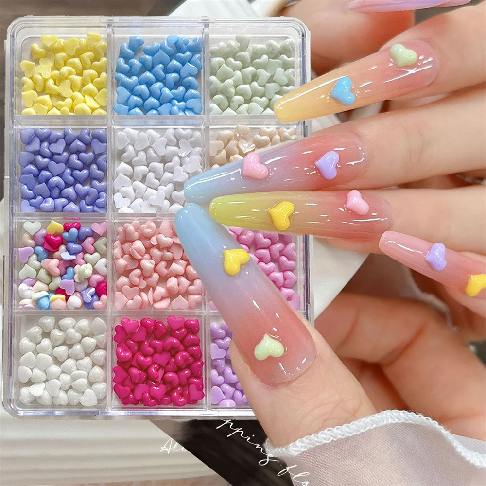 12Grid Mixed Macaron Mini Resin Love Heart Nail Charms 4/5mm Kawaii Resin Heart Nail Art DecorDIY Flat-Back Peach Heart Oranment