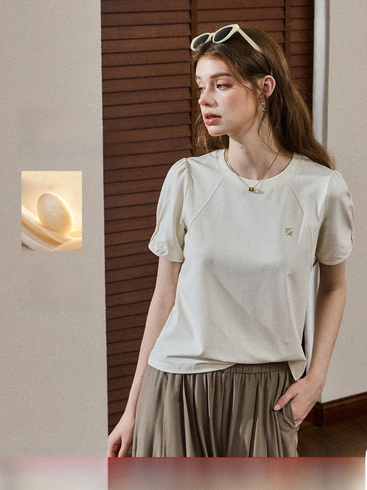 Silk Blend Short Sleeve T-Shirt Women's Daily Commute Summer Soft Cozy Bubble Sleeve Embroidered Top Korean Style Knitted Fabric