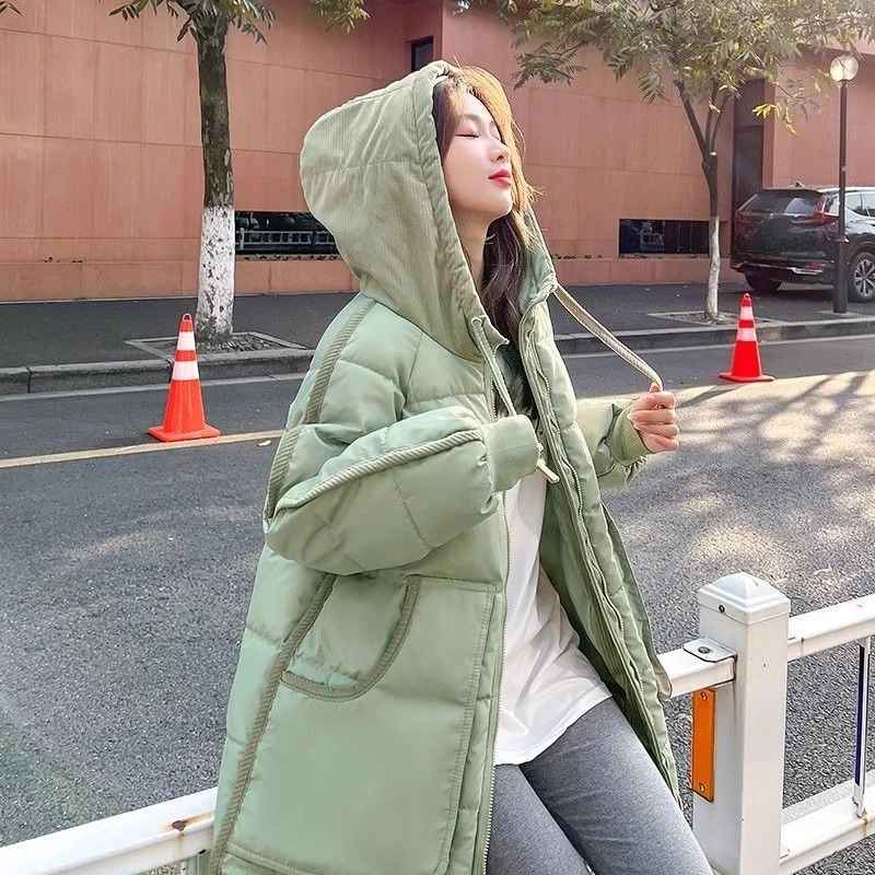 

Brand Winter Cotton Padded Coat Mid Length Corduroy Lined Down Jacket for Men Women Warm Outerwear