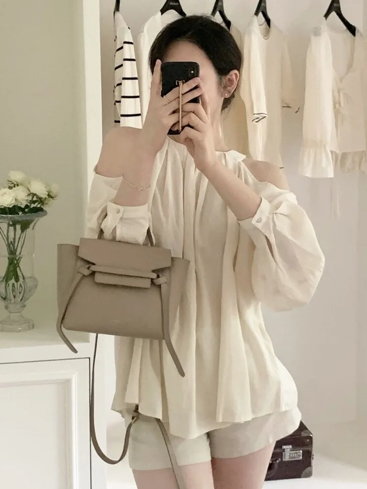 

Ele Neline oulder Bared Design Women's irt Loose Lantern Sve Blouse Korean Sle Spring 2026 Slimming Effect