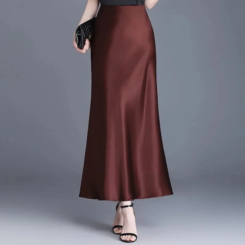 Korean Women Print Mermaid Long Skirts Femme Large Size 5XL Acetate Satin Long Skirts Summer Ladies Fashion Bread Hip Maxi Skirt