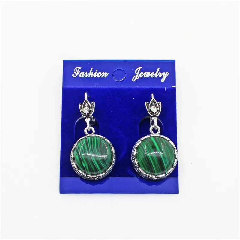 Round Synthetic Malachite Earrings For Women Antique Silver Plated Party Hollow Flower Pendant Fashion Jewelry