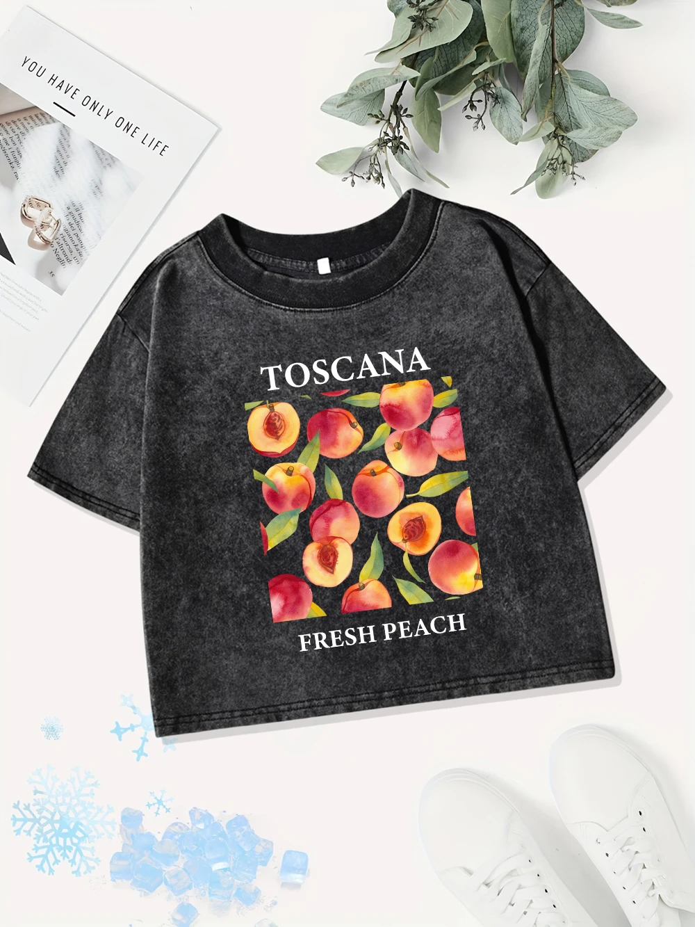 Casual Cotton Crop Tops Women Toscana Fresh Peach Printing Washed T-Shirt Street Regular Fit O-Neck Streetwear Summer Clothes
