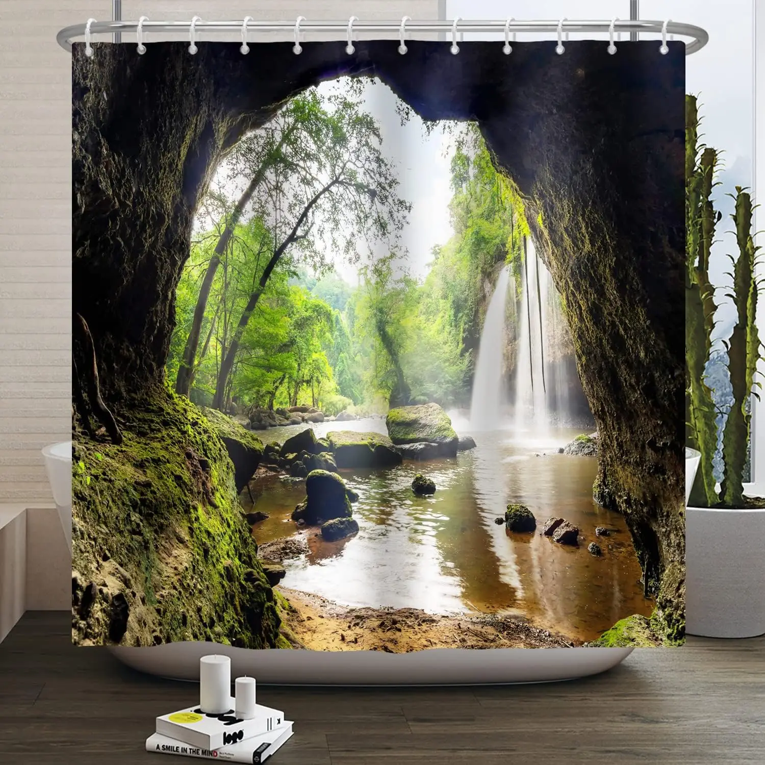 

Tropical Cave Waterfall Shower Curtain Waterfall Trees Nature Mountain Outdoor River Landscape Waterproof Polyester for Home