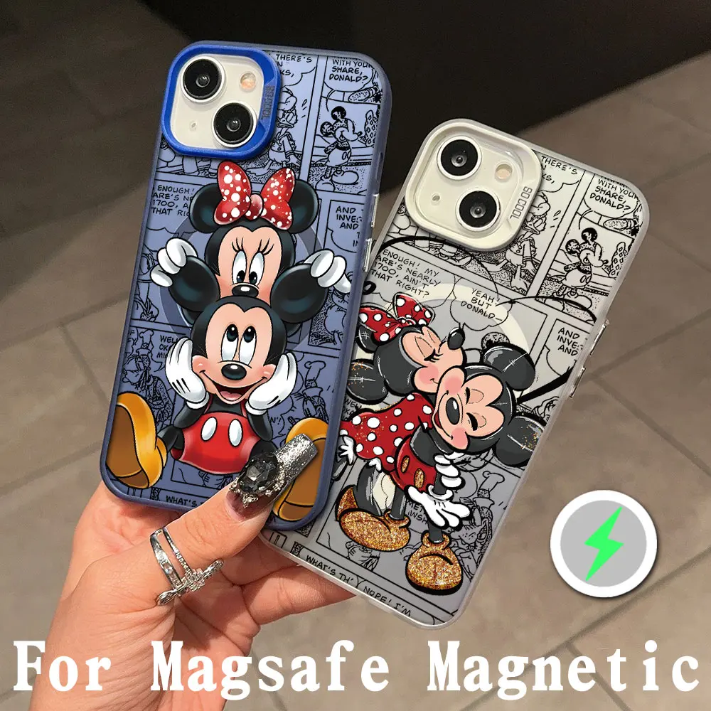 Anime Mickey Lover Minnie Magsafe Magnetic Phone Case for IPhone 11 12 13 14 15 16 Pro Max Plus Border Silver Plated Cover