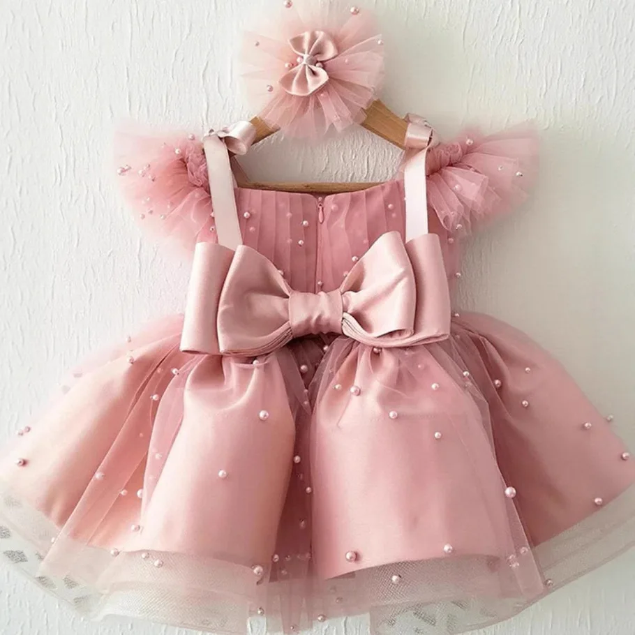 Custom Flower Girl Dress Wedding Dress Birthday Party Dress Ruffled Sleeve Tulle Ball Gown with Pearl Decor Satin Strap for Kids