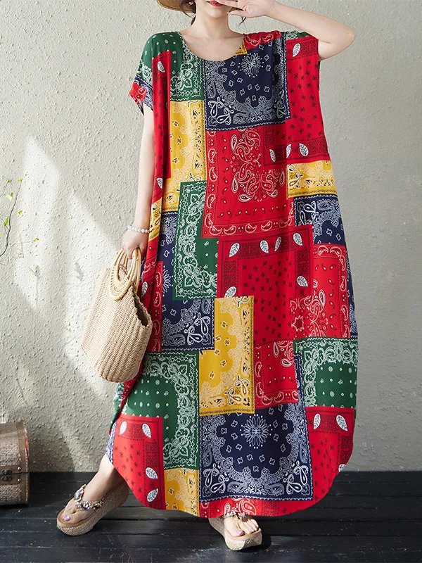 

Loose Cotton Linen Print Sleeveless Large Size Dress Women Knee-Length Thin Long Skirt Artistic Style round Neck Over-Knee Dress