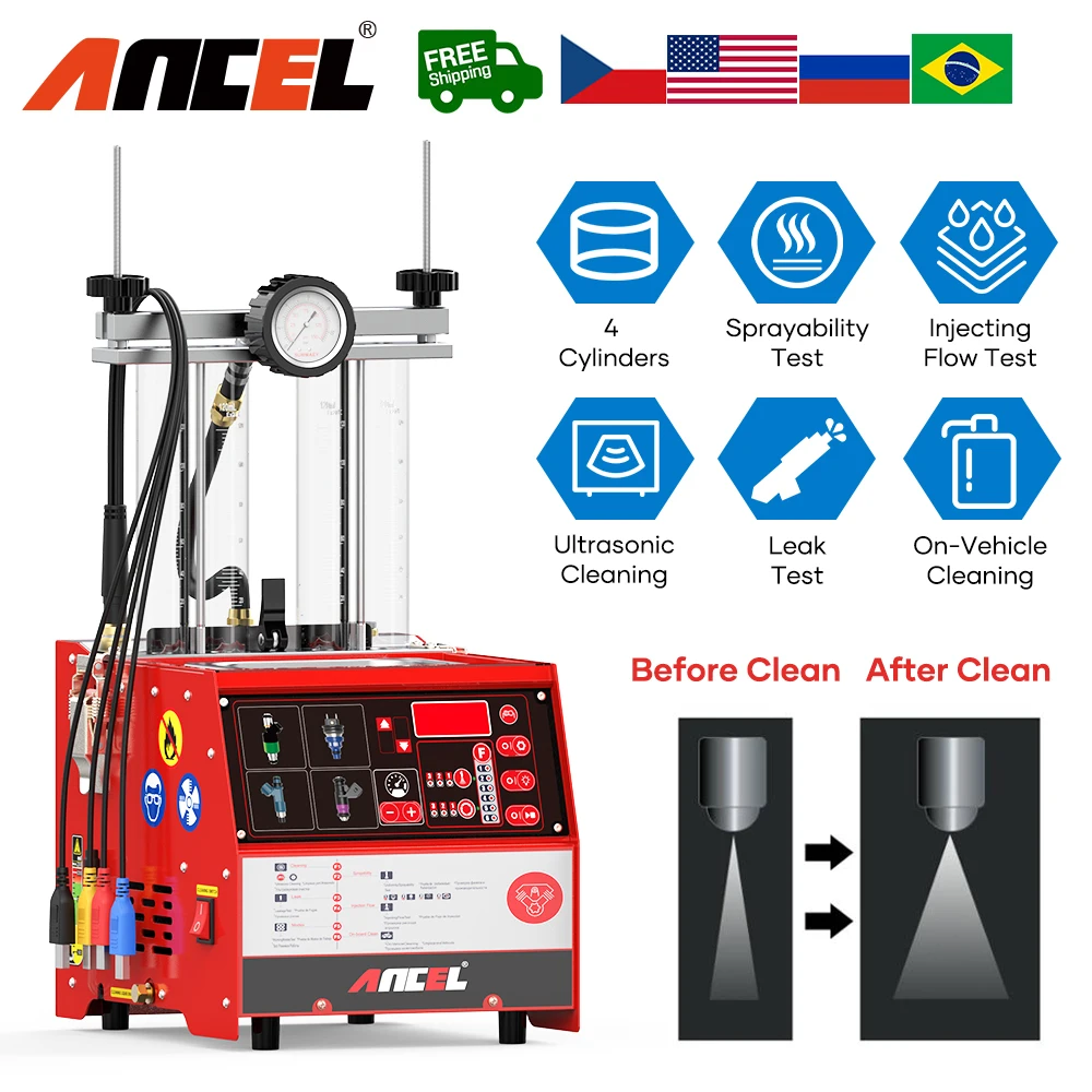 ANCEL AJ400 Car/Motorcycle Fuel Injector Tester&Cleaner 110V/220V Ultrasonic Cleaning Tool Car Injector Washing Heating Cleaning