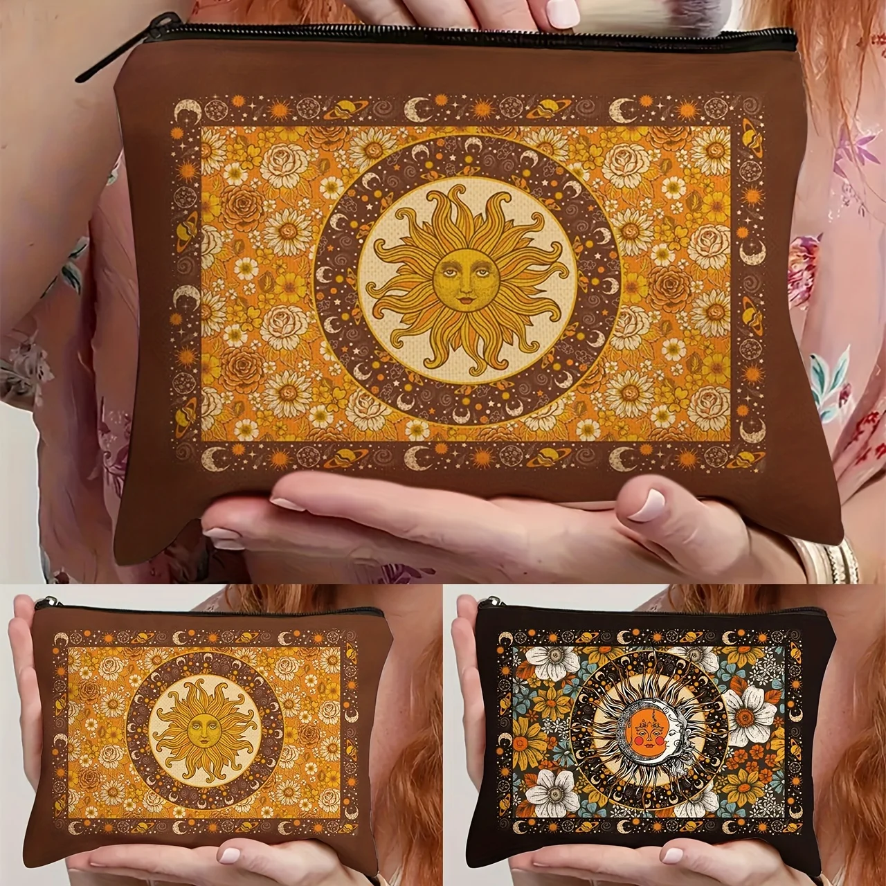 Hippie Makeup Bag Design Bohemian Sun & Moon Makeup Bag  Hippie Flower Travel Organizer for Cosmetics Bag Camping Trailer Decor