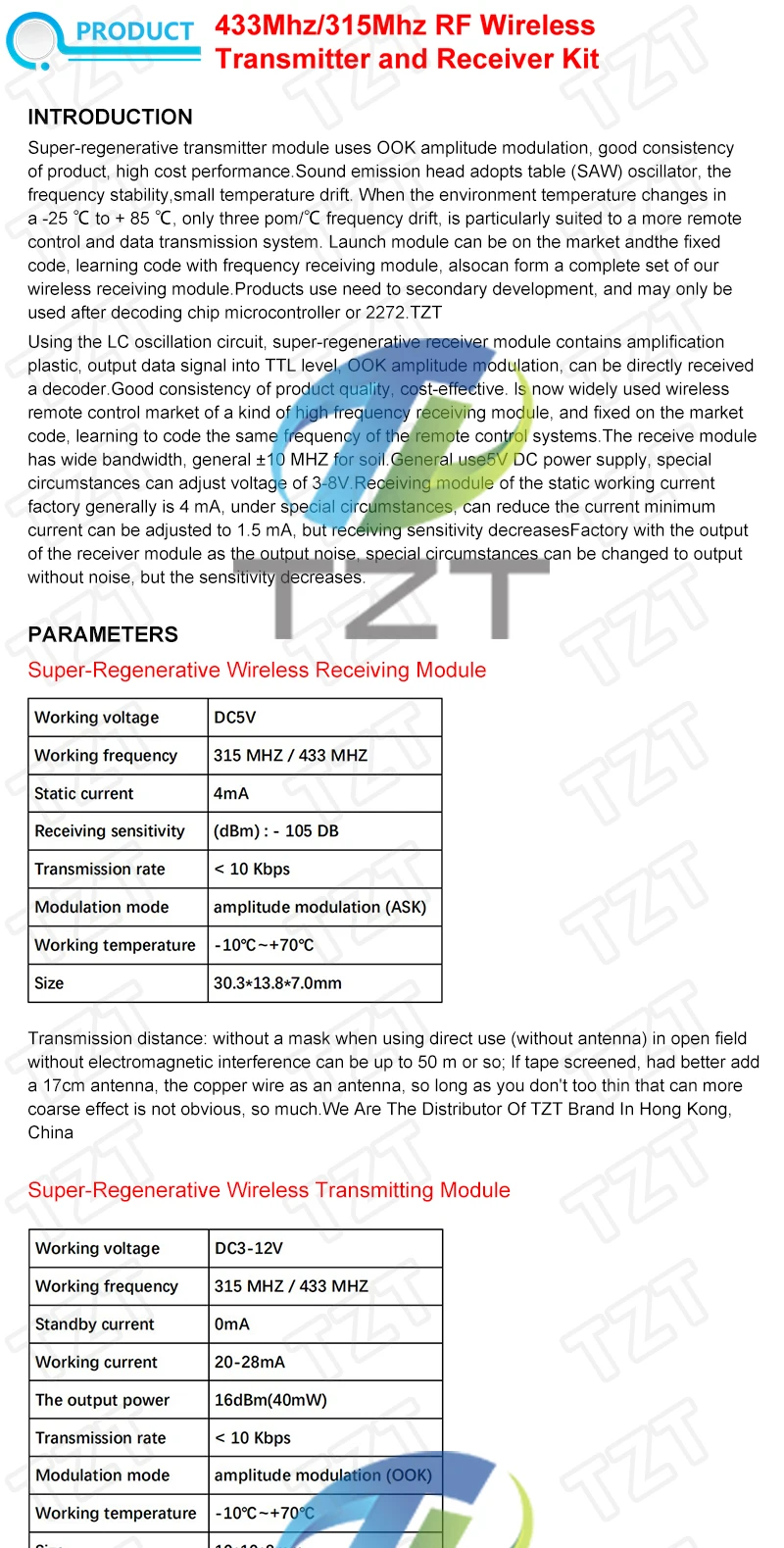 TZT Smart Electronics 433 MHz RF-Sender und Empfänger Modul-Link-Kit für Arduino/ARM/MCU WL DIY 315 MHz/433 MHz Wireless – Detail 1