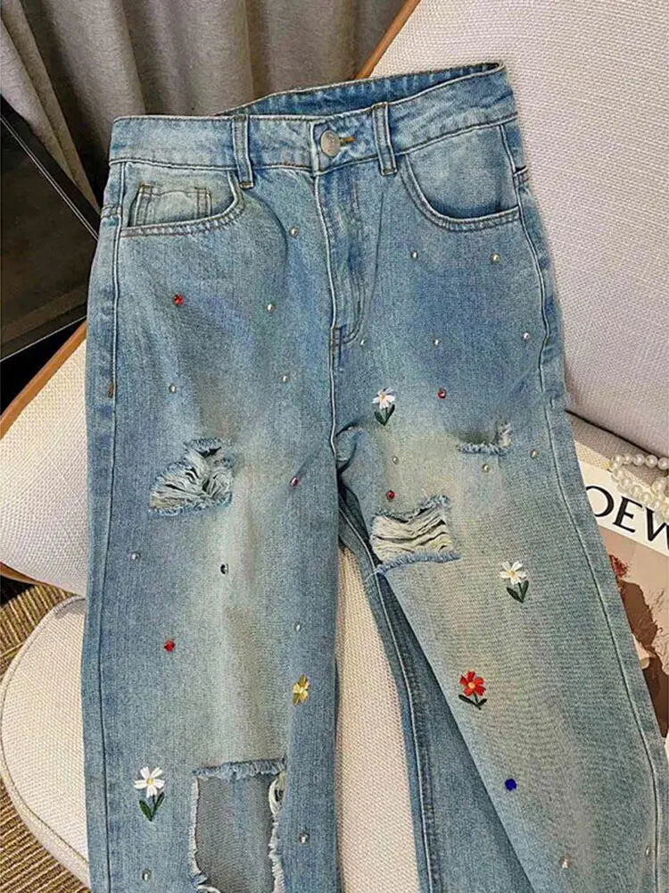 Pantaloni in denim con foro ricamato da donna taglie forti Gamba dritta Gamba larga Primavera Faion plus Size Vita alta dimagrante allentata