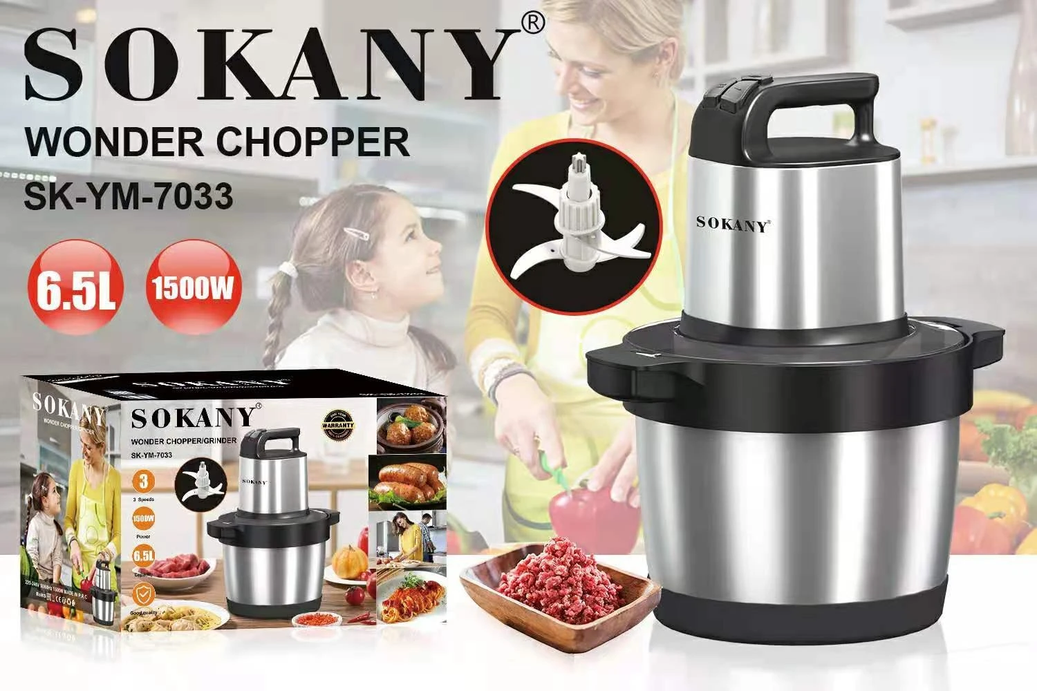 Multifunction Chopper Blender Powerful 1500W Motor Compact and Light weight Stain steel Electric Meat Grinder