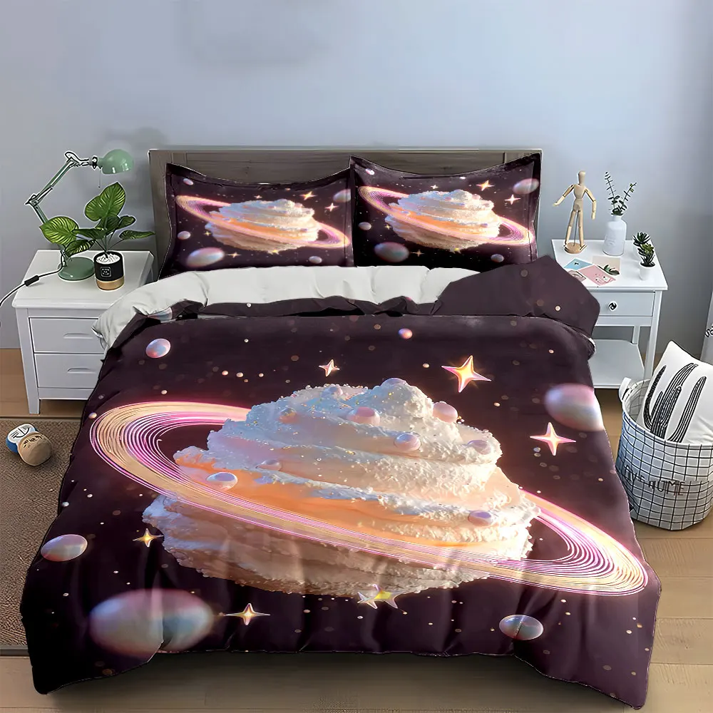 Whipped Cream Saturn Planet Dessert Duvet Cover Set, Pastel Galaxy Girly Bedding Includes 1 Duvet Cover And 2 Pillowcase, Gift