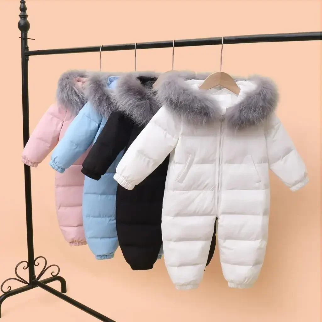 2024 Kids Baby Winter Jumpsuit Real Raccoon Fur Baby Girl Snowsuit Toddler Boy Winter Romper Infant overalls Baby Clothes