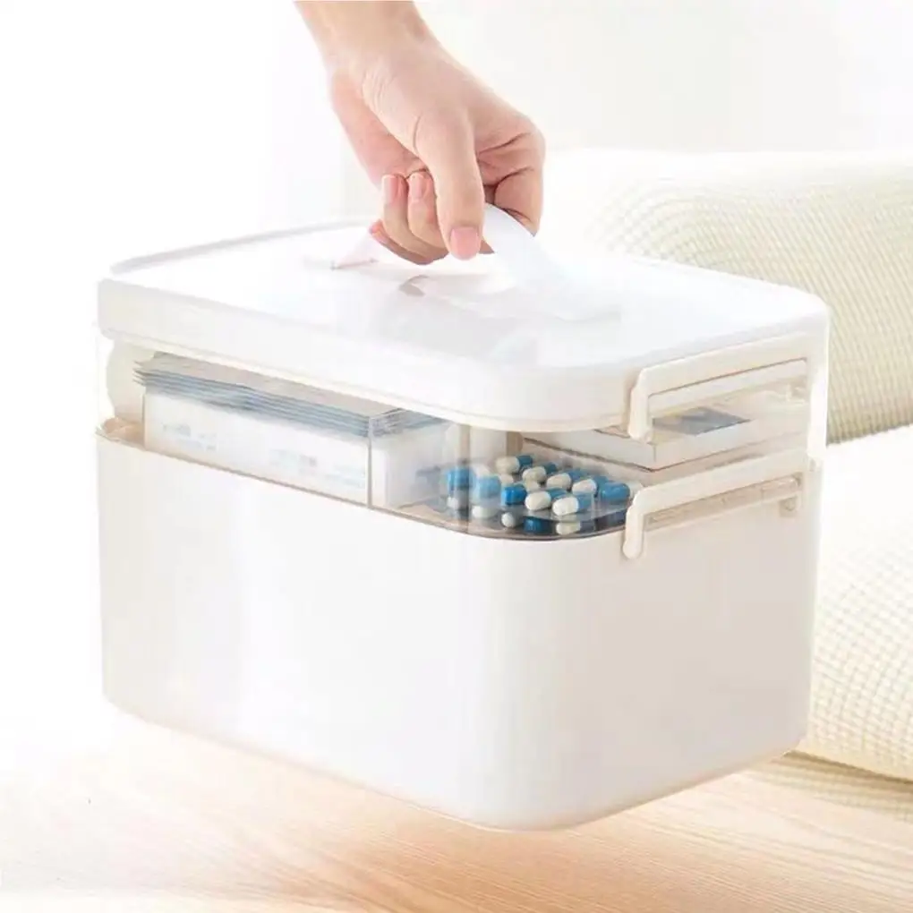 White Wide Application First Aid Box For Home Office And Travel Clip Closure Medicine Storage Box