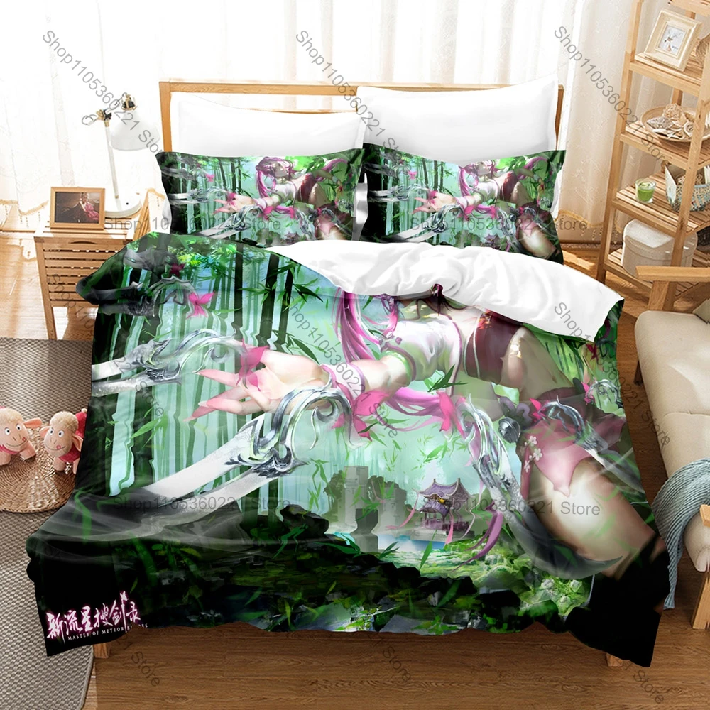 Master of Meteor Blades Duvet Cover + 2 Pillowcases Ancient Sword Fight Combat Graphic 3Pcs Zipper Quilt Cover For Wuxia Gamer