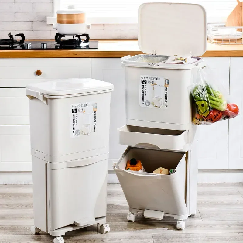 Kitchen trash can, household use, with lid, large capacity, double-layer, dry and wet separation, classification, thickened