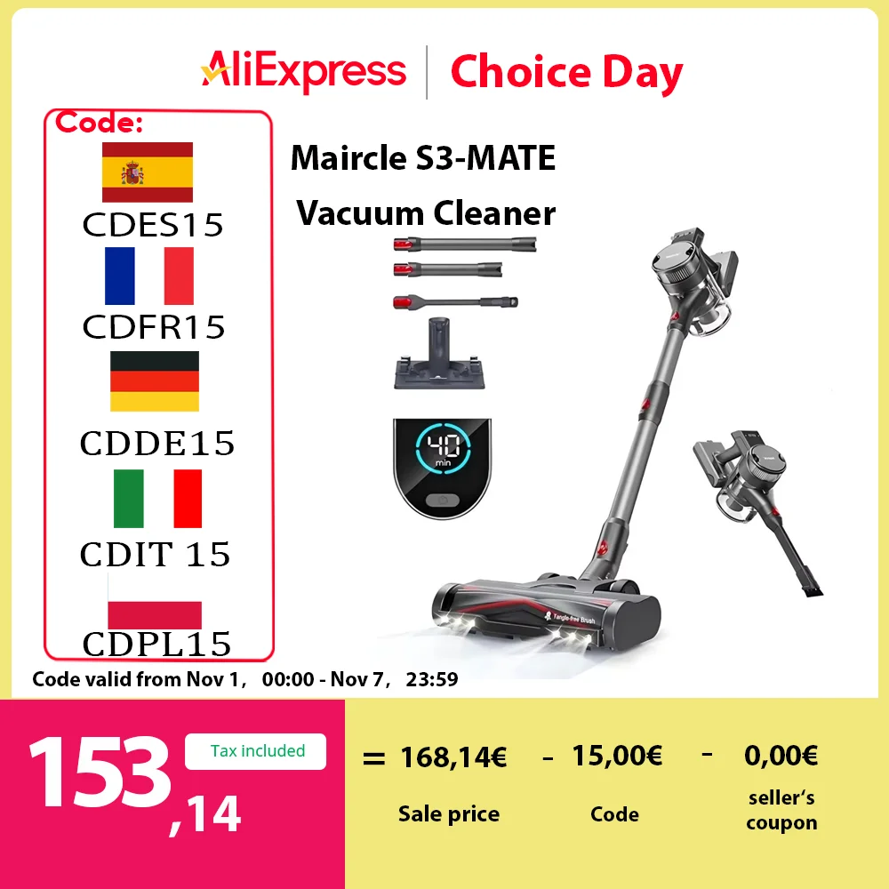 Maircle S3-MATE B Cordless Vacuum Cleaner, with Store and Charge 2-in-1 Dock, 40min Runtime, 30kPa Power Suction, LED Control