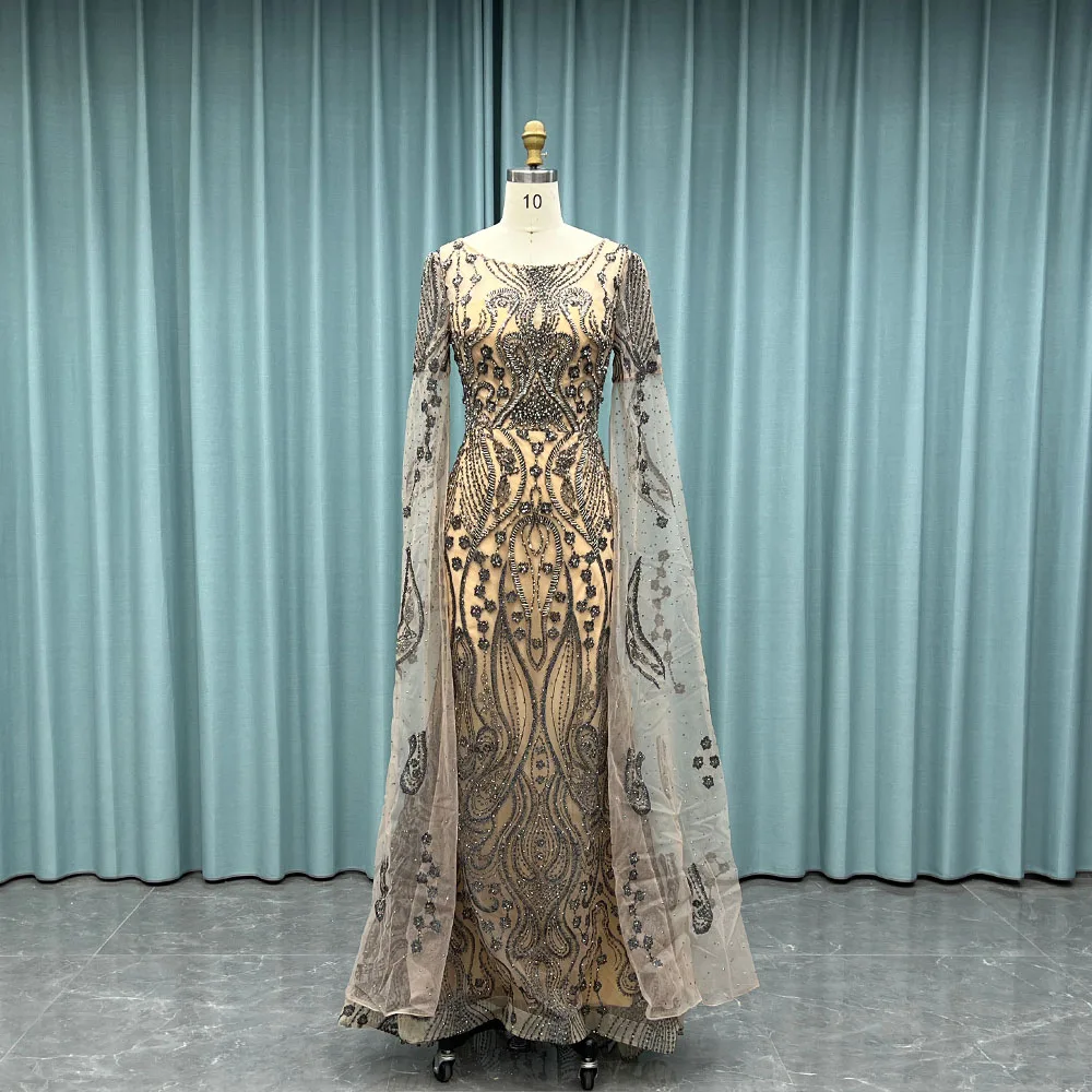 

YQLNNE Modest Nude Embroidered Crystals Beaded Evening Dresses Long