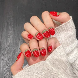 10pcs Cute Short Round Fake Nails Handmade Red Strawberry Designs Cat's Eye Press On Nails Full Cover Sweet Detachable False Nai