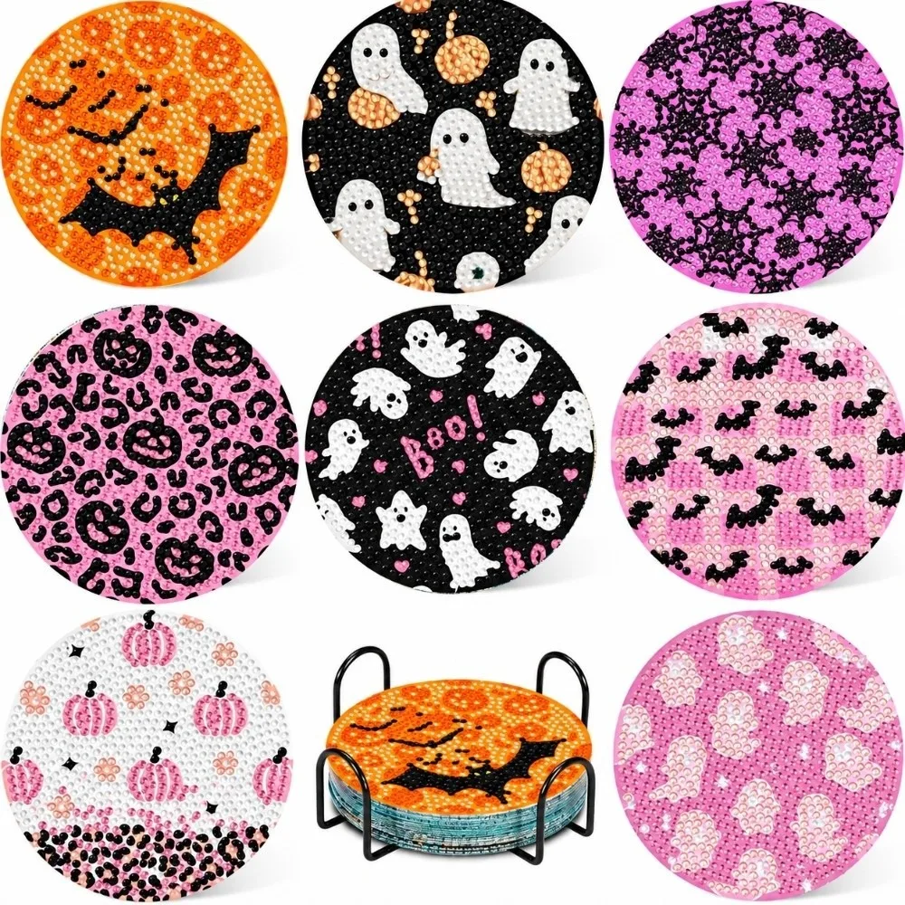 8Pcs with Metal Stand DIY Painting Coasters Handmade Simple Round Art Coasters Table Protector Entry-level Diamond Coaster Kit