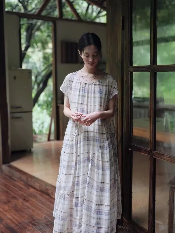 

Loose Fit plus Size Dress Women's round Neck Short Sleeve Korean Style Casual High Waist A-Line Skirt Breathable Summer Dress