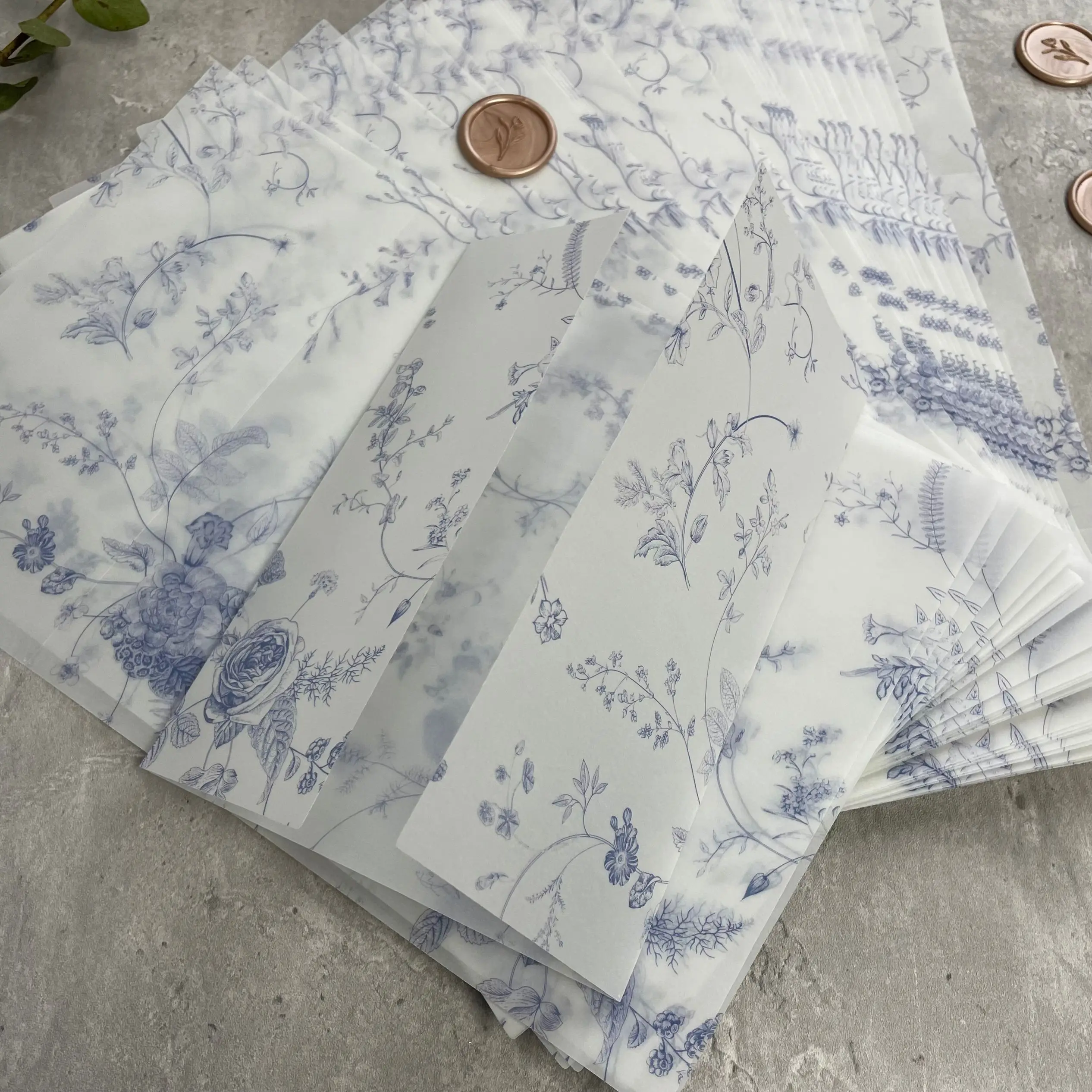 5*7in Blue Floral Vellum Wrap for Wedding invitations.50/100pcs