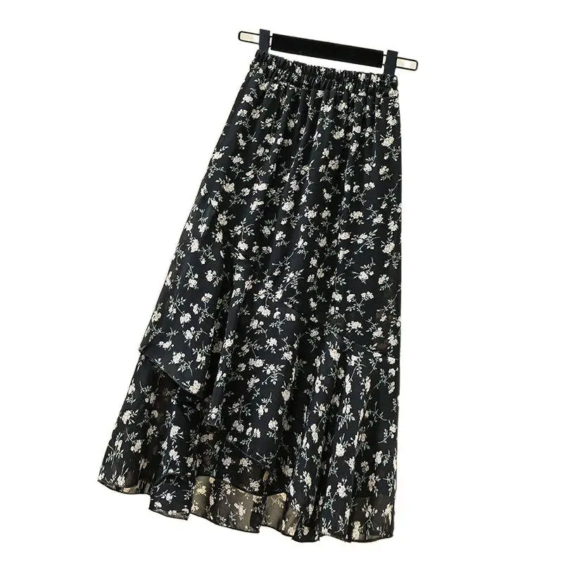 レディース シフォン 花柄 Aライン スカート ミドル丈 ウエストゴム 軽量 通気性 デイリー カジュアル 春夏