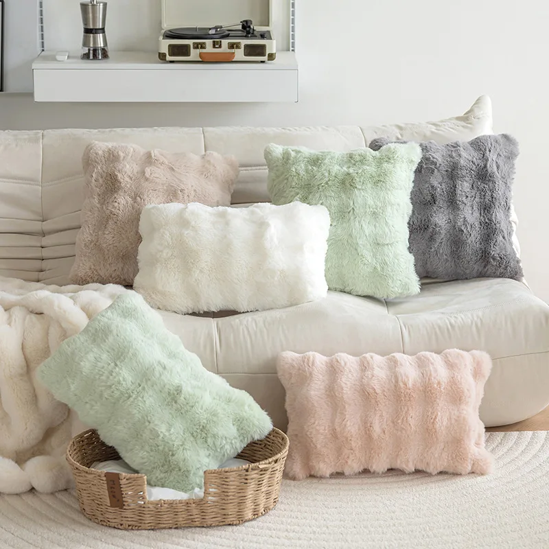 Pure Color Plush Rabbit Fur Simulation Bubble Velvet Pillowcase for Living Room Sofa Bedroom Study Decorative Pillow Cover