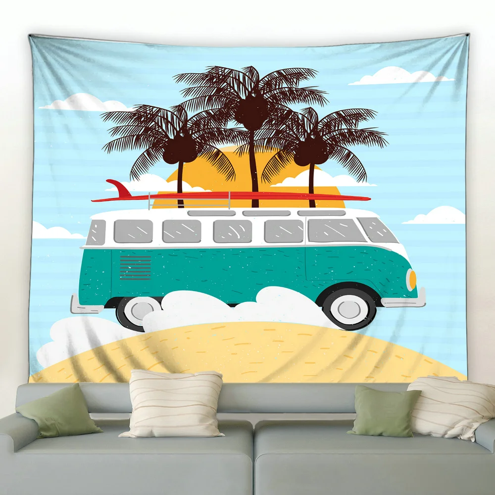 Bus Palm Tree Beach Tapestry Summer Ocean Camper Van Wall Hanging Hawaii Holiday Style Living Room Bedroom Decor Wall Blanket