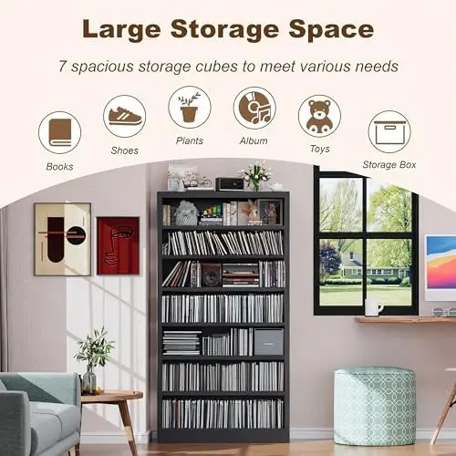 55" Media Storage Cabinet, Metal CD Storage Rack with 6 Adjustable Shelves, Large DVD Storage Shelf Rack for Living view 4