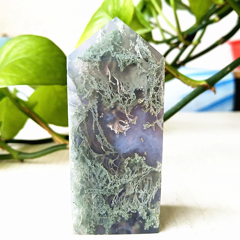 Natural Moss Agate Crystal Tower Wand Point Stone Obelisk Home Decoration Hexagonal Prisms Wicca