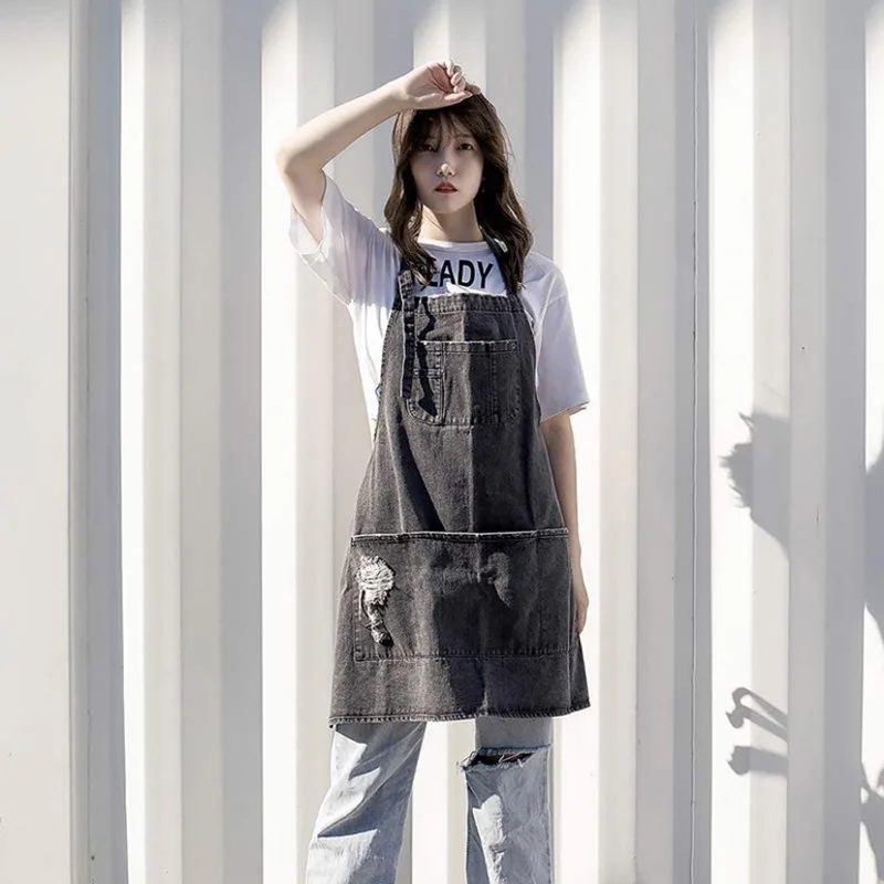 

Винтажный джинсовый фартук с регулируемым шейным ремнем и несколькими карманами, подходящий для художественной деревообработки и садоводства