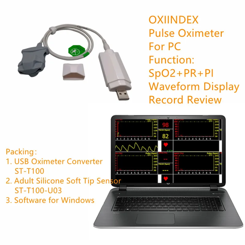 Portable PC Based USB Pulse Oximeter Oximetry SpO2 Sensor For Adult Child Neonate Animal Veterinary Clip with Computer Software