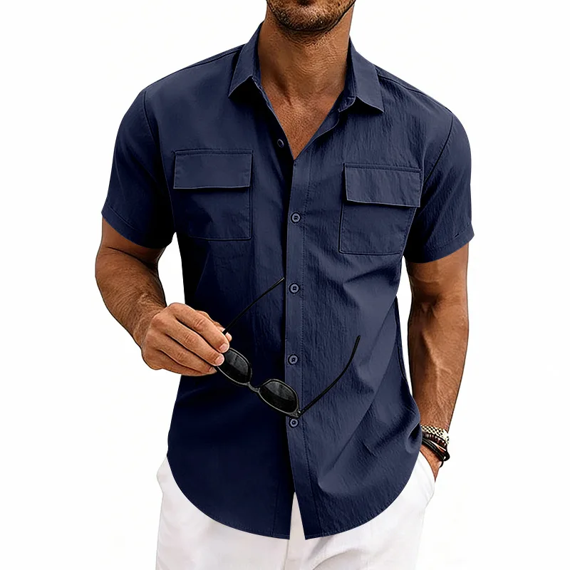 Men Summer Lap Collar Double Chest Pocket Short Sleeve Cargo Shirt Loose Lightweight Daily Casual Work Button Down Tops