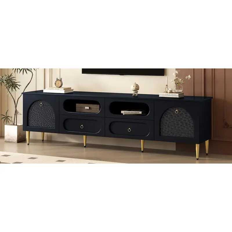 Retro TV Stand, Entertainment Center Media Console with Six Metal Legs, Dual Cabinets, Four Drawers, Anti-tip Device, Holds TVs