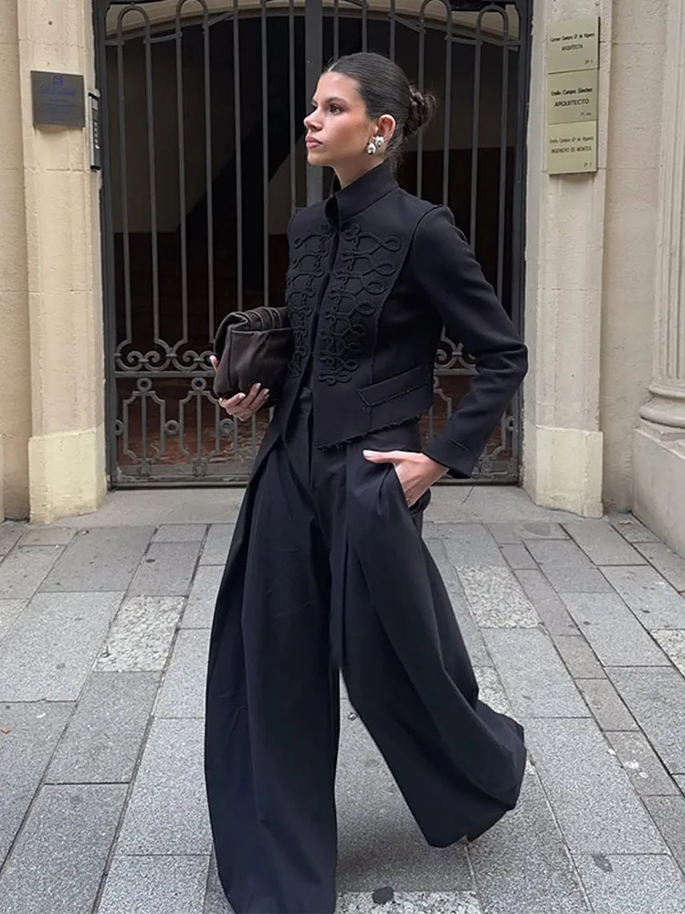 

Elegant Women's Napoleon Short Jacket Stand Collar Long Sleeves Slim Black Coats 2026 Spring Autumn Lady Street New Outwear