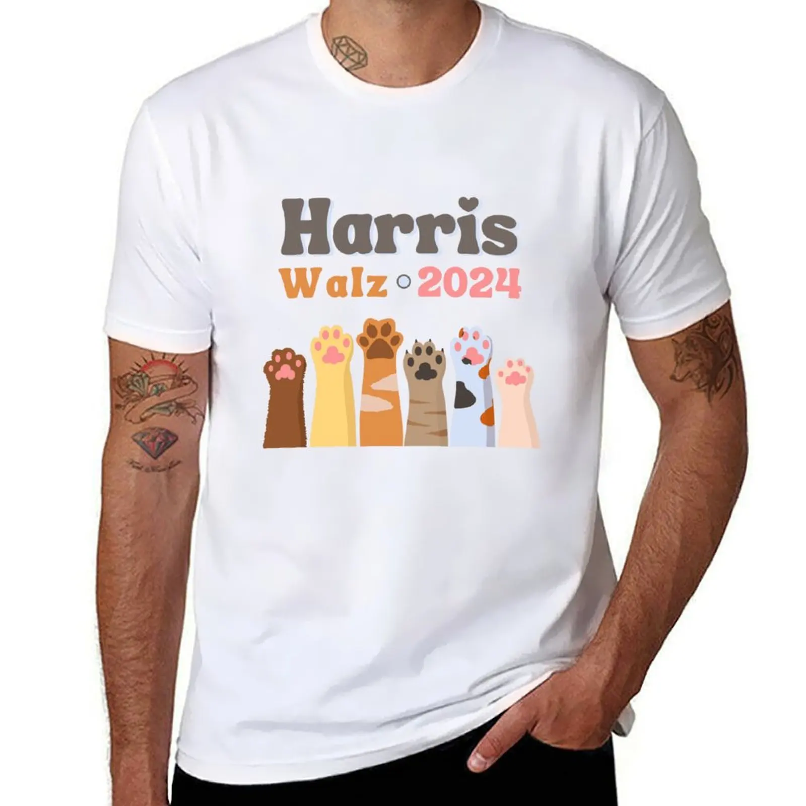 

Harris Walz 2024, футболка с кошачьими лапами, мужские футболки, хлопковая футболка