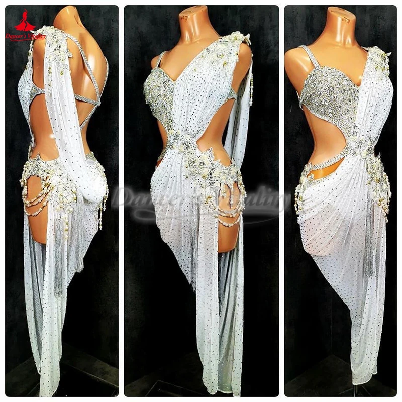 Latin Dance White Sleeveless Dresses for Female Adult Chacha Samba Rumba Jive Perform Competition Professional Clothes Customize
