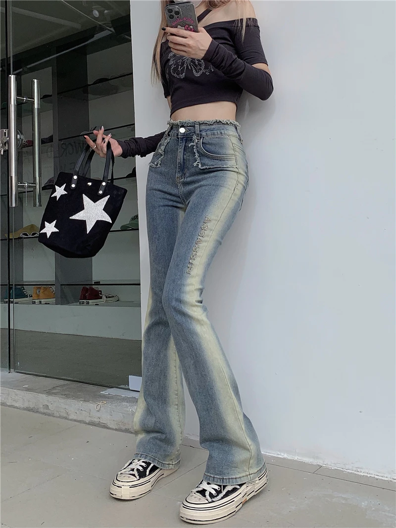 

2023 New Sexy Flare Women Pants Hot Girl Skinny Jeans For Tall Women Elastic Fashion Design Gradient Jeans Mujer 2000s Clothes