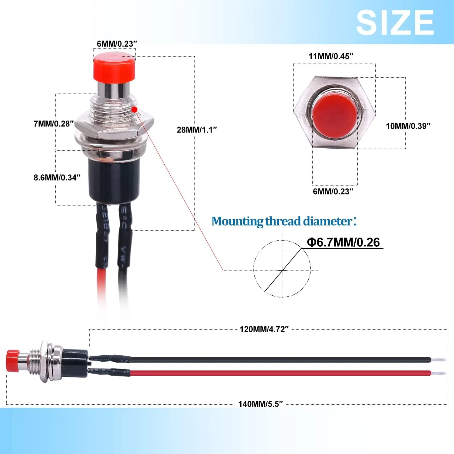12PCS 12V 250V Momentary Push Button Switch 2 Pins SPST 7mm Normal Open 1A Mini Round Button Switch with Pre-soldered Wires image 2