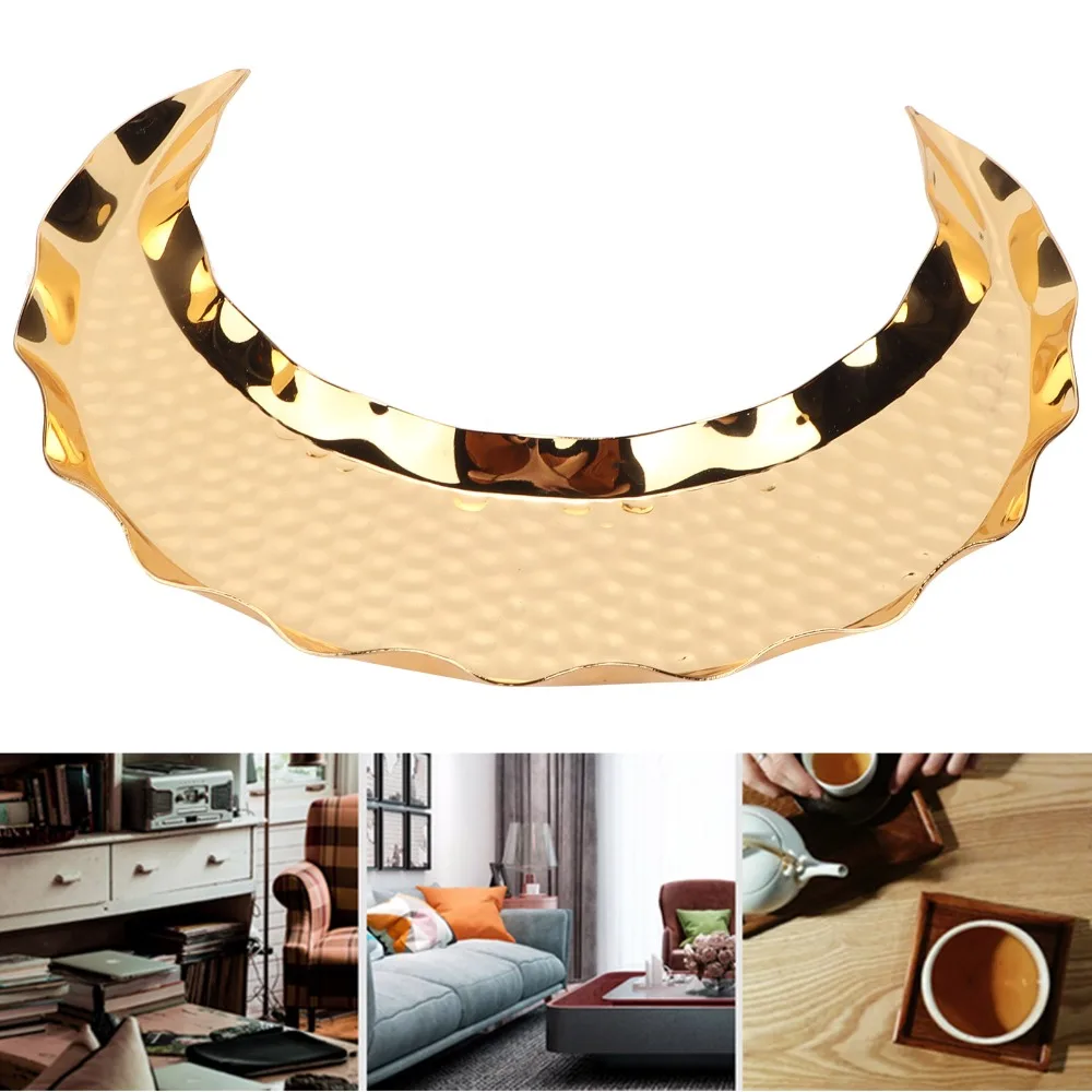 Zinc Alloy Moon Shape Platter HalfMoon Gold Decorative Serving Dish Hammered Texture Metal Dessert Plate