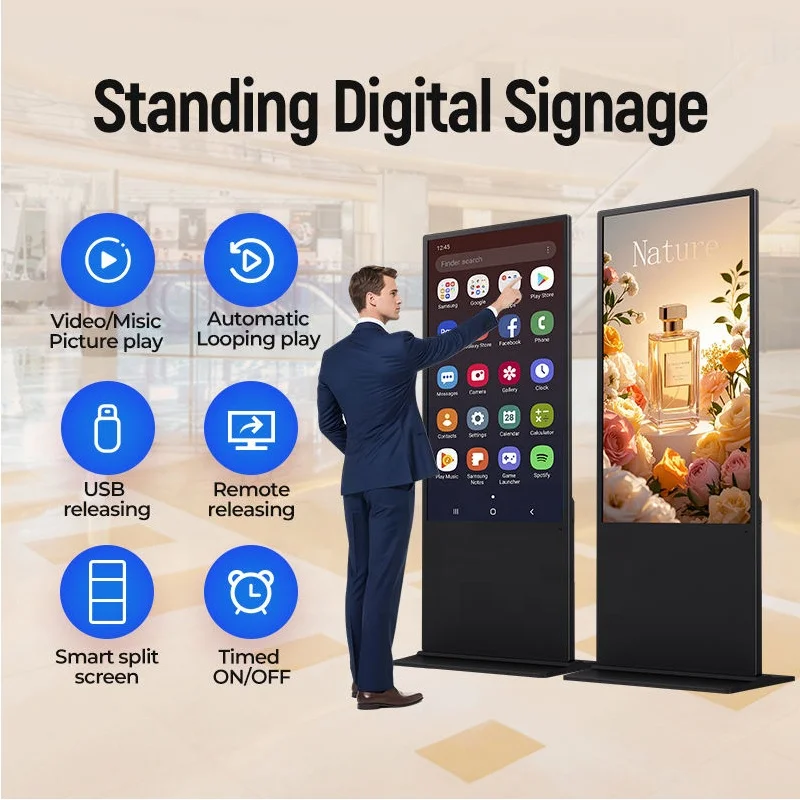 High Brightness 500nits 43 Inch 2K 4K Android 11 IR-touch Tempered Glass LCD Floor Standing Digital Signage for Advertising