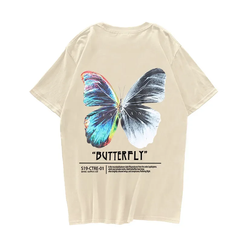 100% Cotton Hip Hop Plus Size T-shirt Men Women's Streetwear Harajuku Color Butterfly T-shirt Short Sleeve Loose HipHop T-shirt