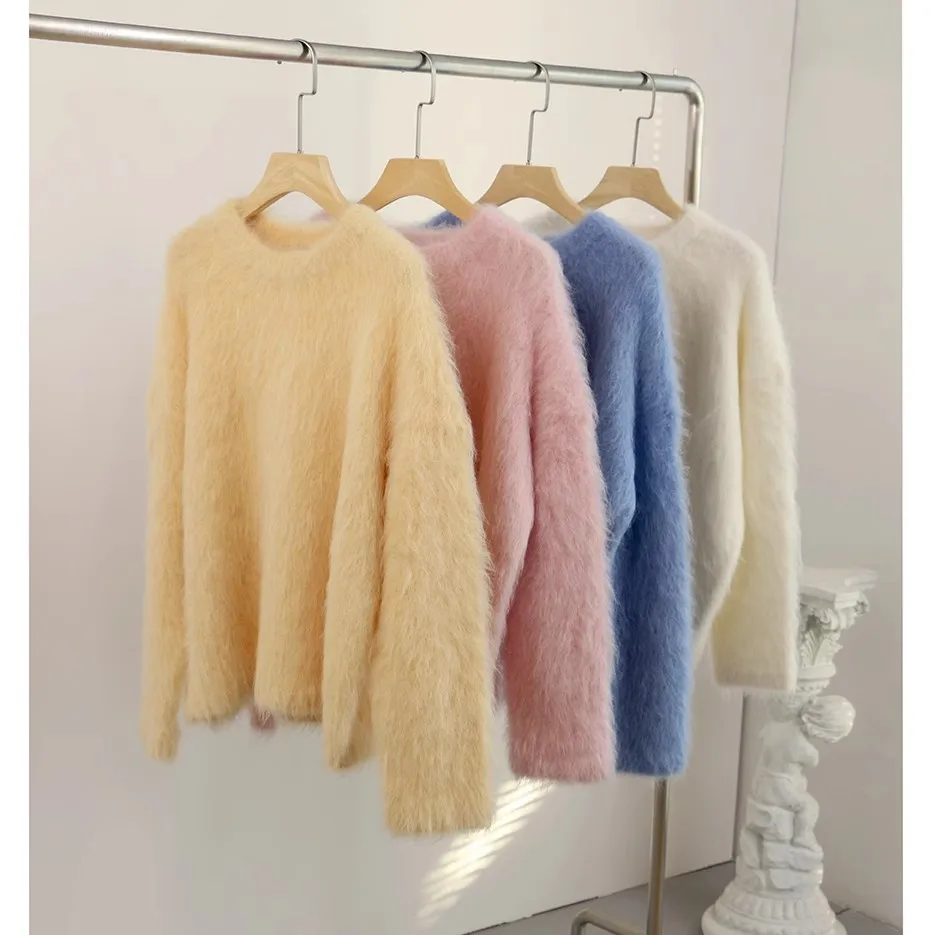 2024 New Fashion Oversize Autumn Winter Yellow Soft Mohair Sweaters Jumper Lazy Women O Neck Thick Knitted Warm Loose Pullover