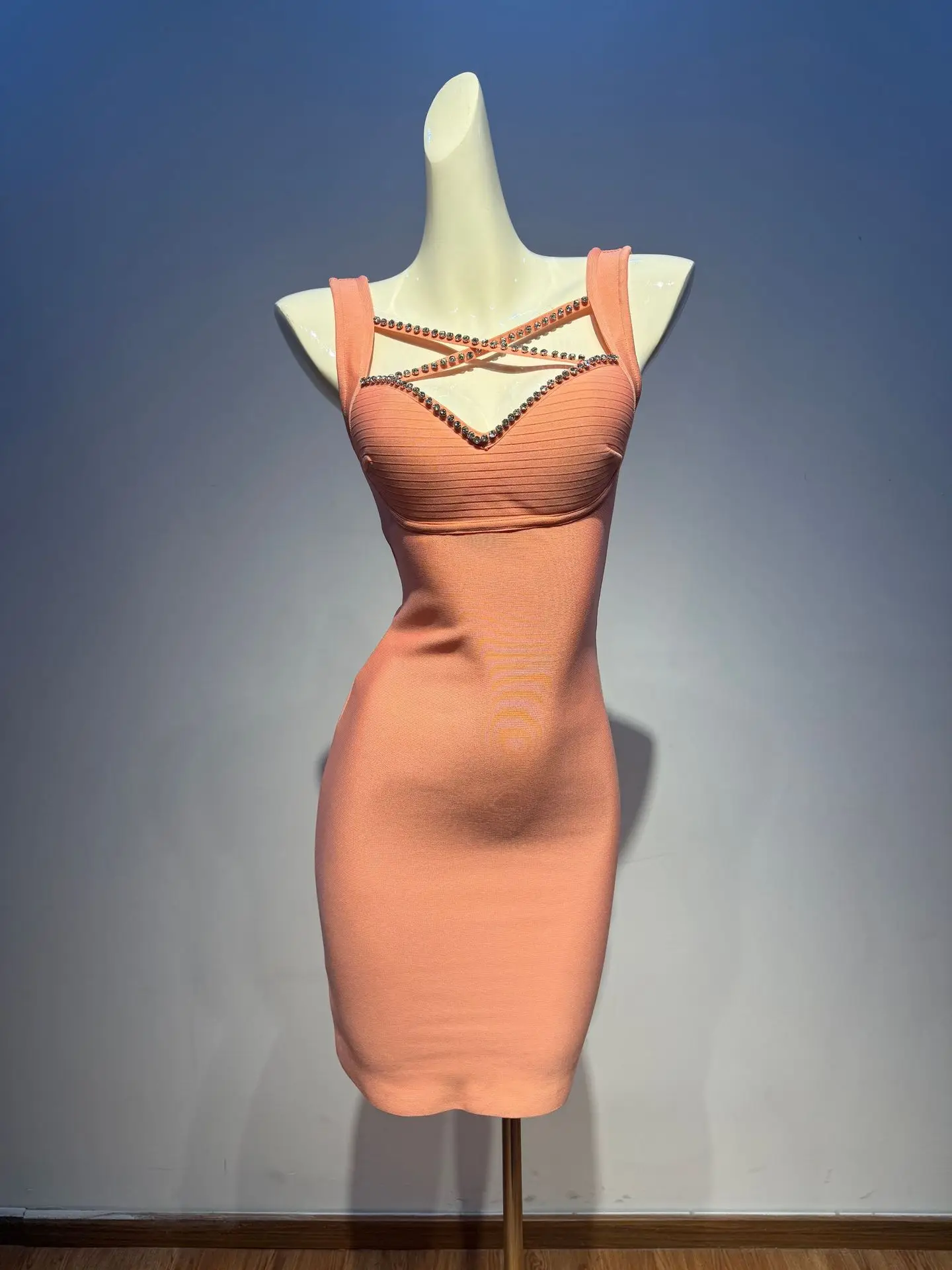 Women's Sexy Sleeveless O-Neck Apricot Midi Bodycon Dress Luxury Party Bar Nightclub Stage Performance Gown